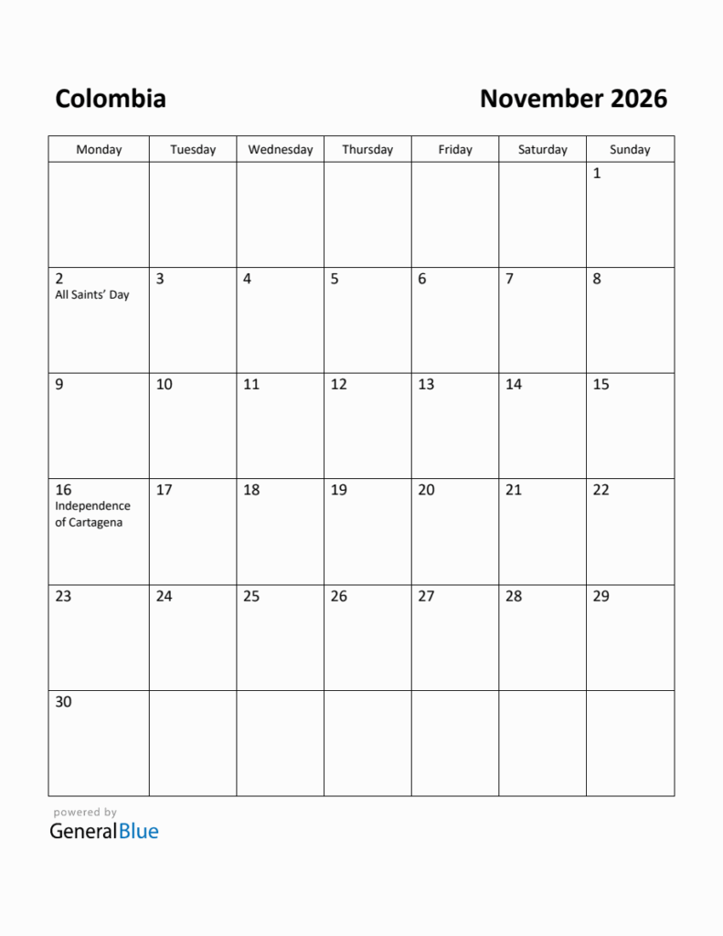 Free Printable November 2026 Calendar For Colombia