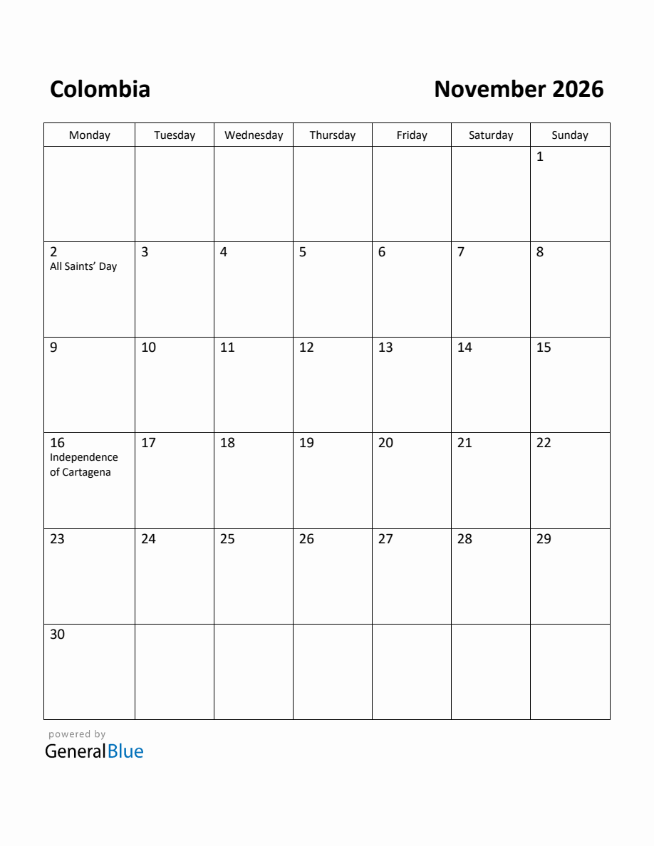 Free Printable November 2026 Calendar For Colombia