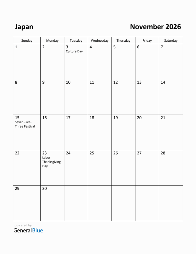 Free Printable November 2026 Calendar For Japan