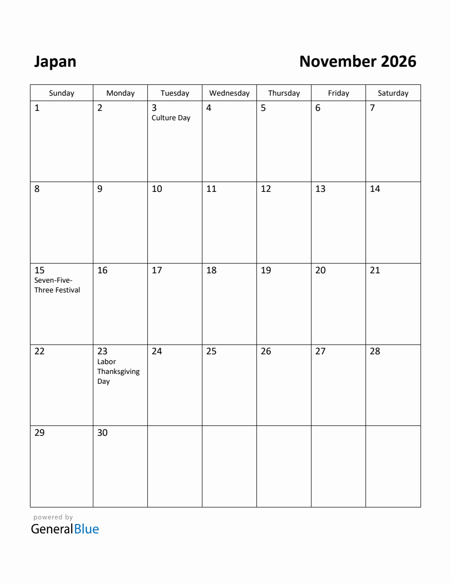 Free Printable November 2026 Calendar For Japan