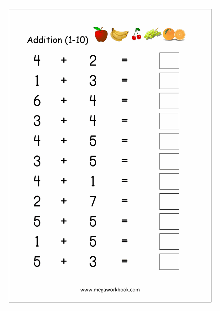 Free Printable Number Addition Worksheets 1 10 For Kindergarten And