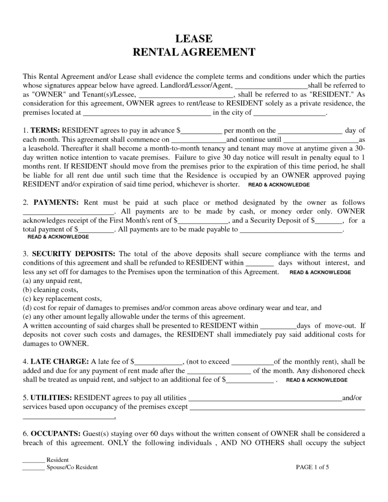 Free Printable Residential Lease Form GENERIC