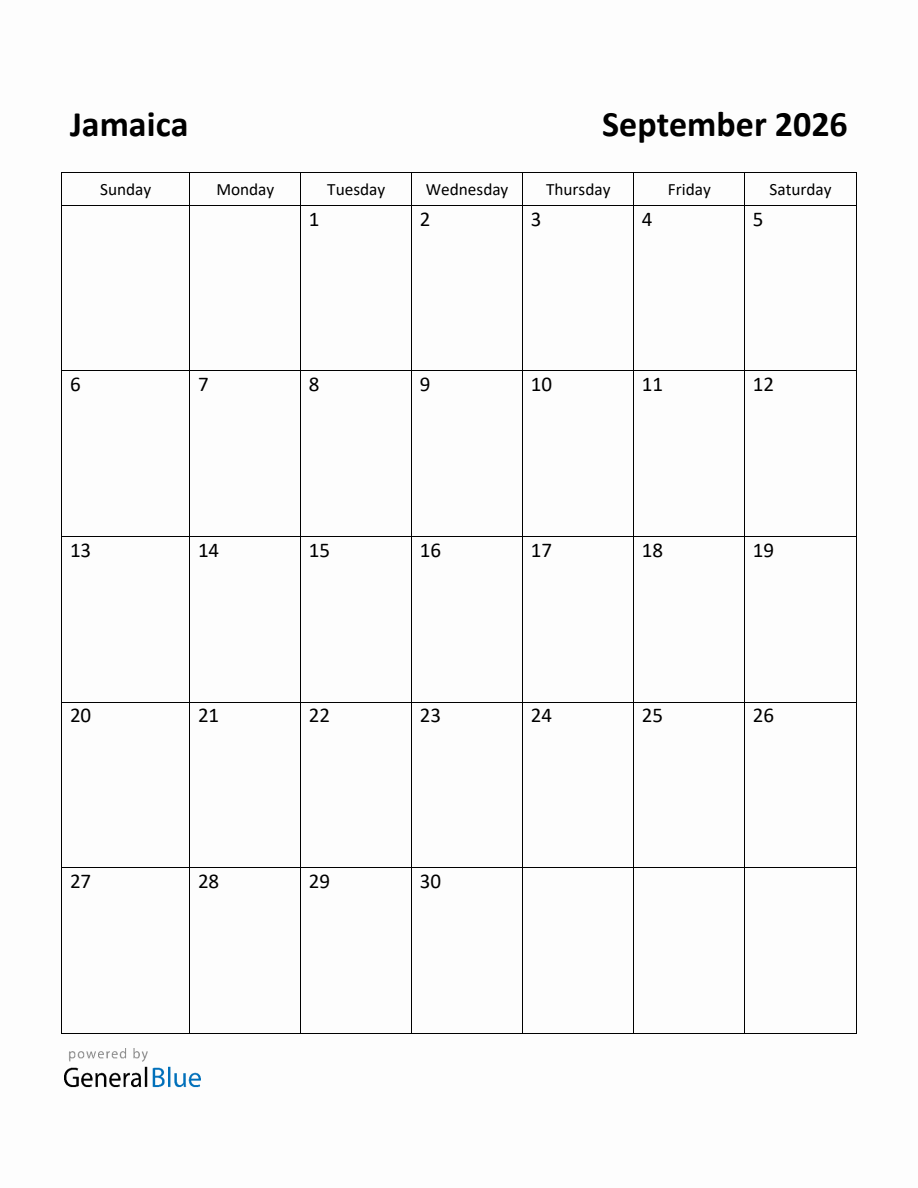 Free Printable September 2026 Calendar For Jamaica