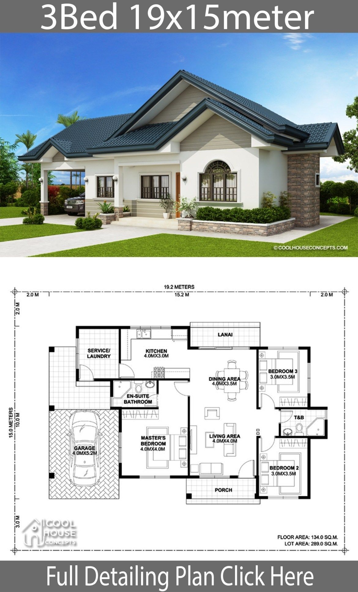 Home Design Plan 19x15m With 3 Bedrooms
