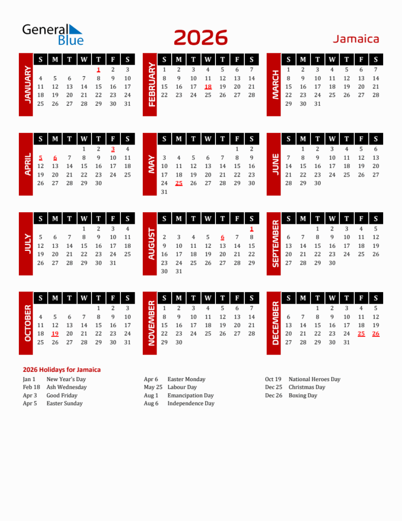 Jamaica 2026 Yearly Calendar Downloadable