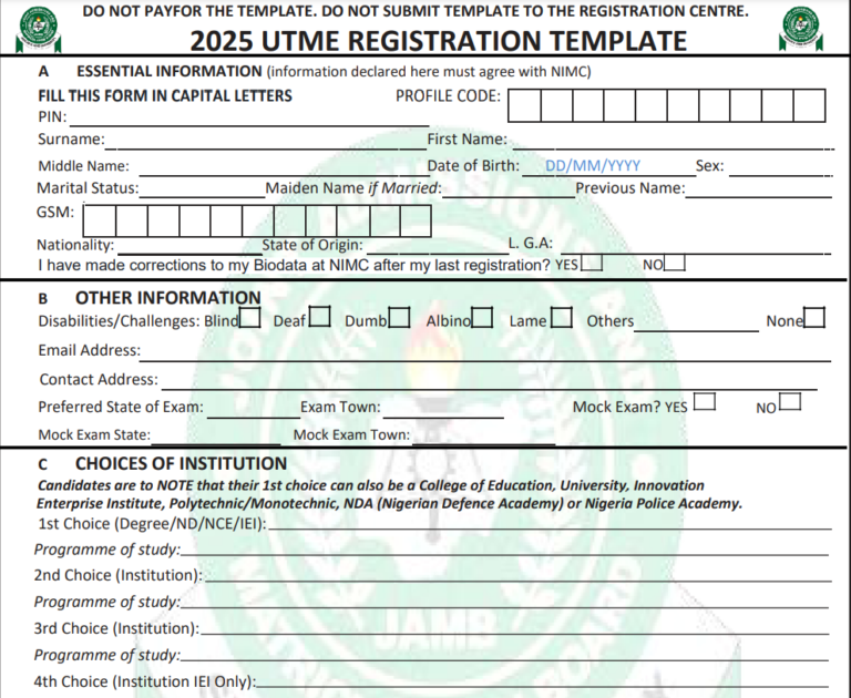JAMB Registration 2025 2026 UTME Form Dates