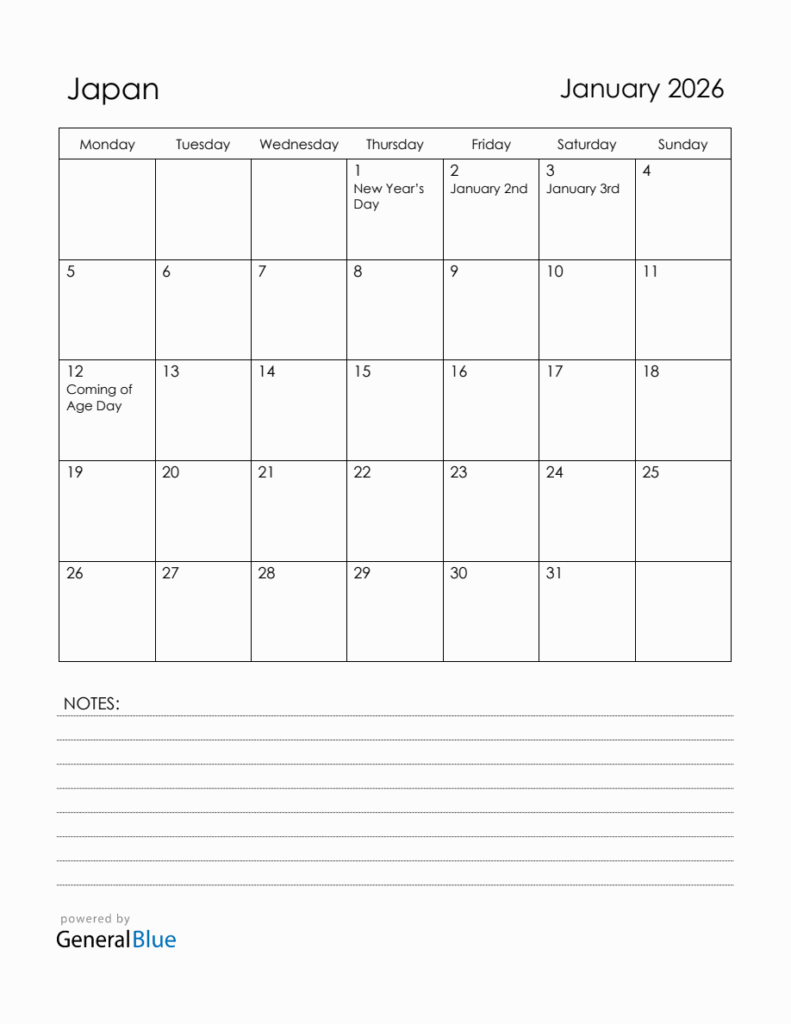 January 2026 Japan Calendar With Holidays
