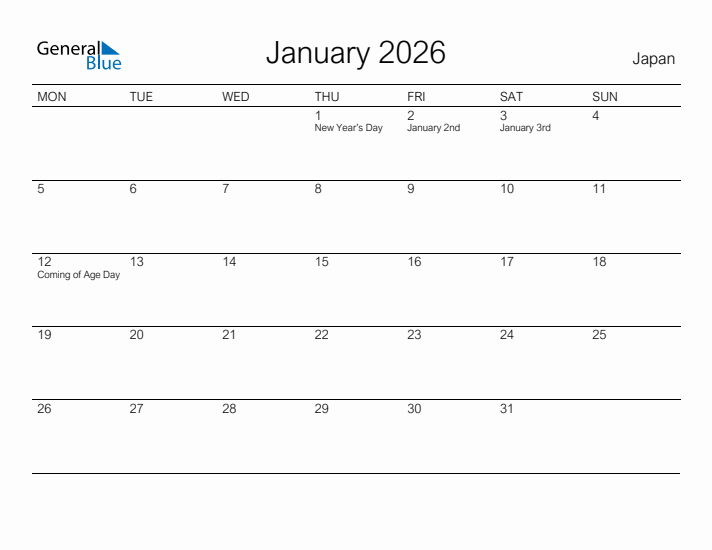 January 2026 Japan Monthly Calendar With Holidays