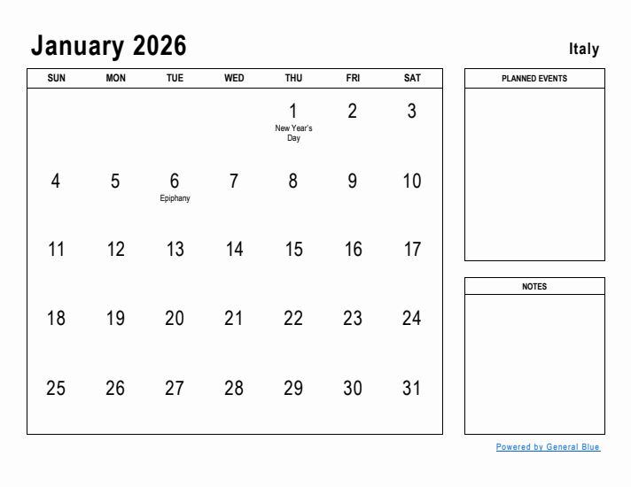 January 2026 Planner With Italy Holidays