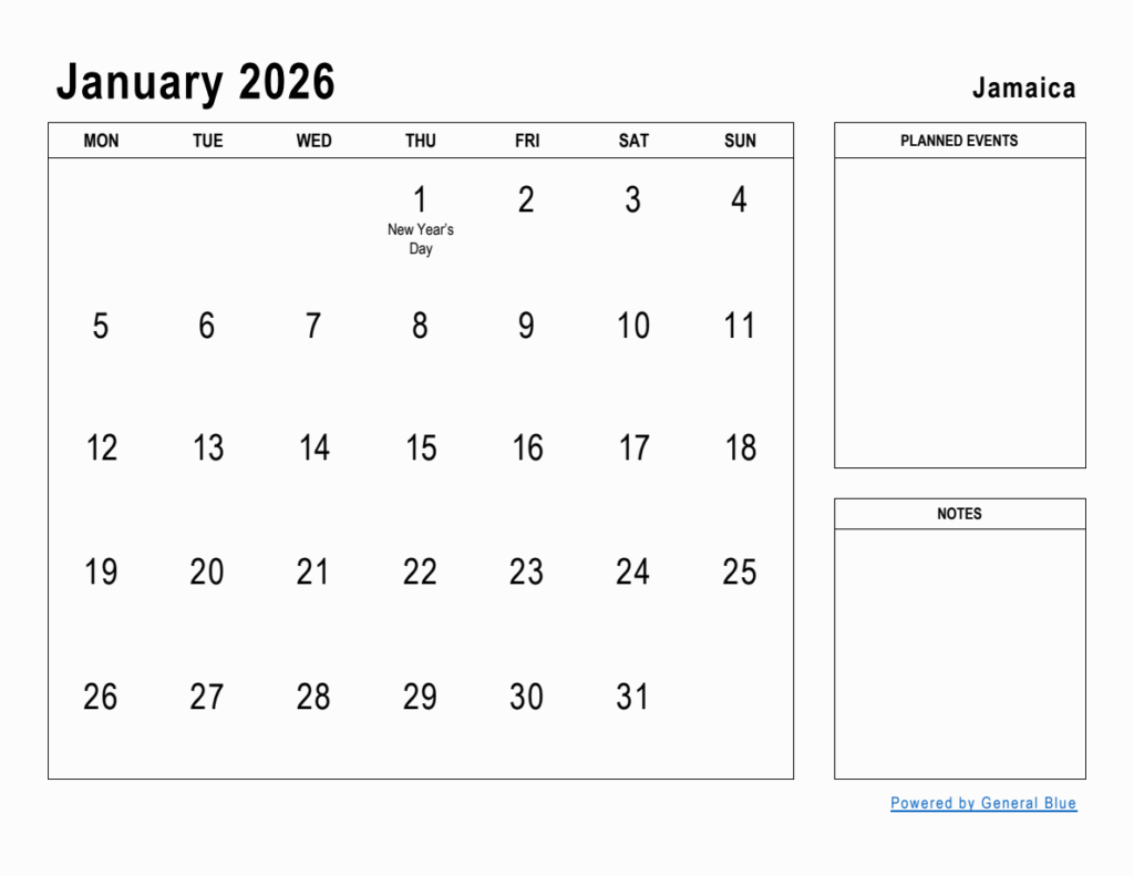 January 2026 Planner With Jamaica Holidays