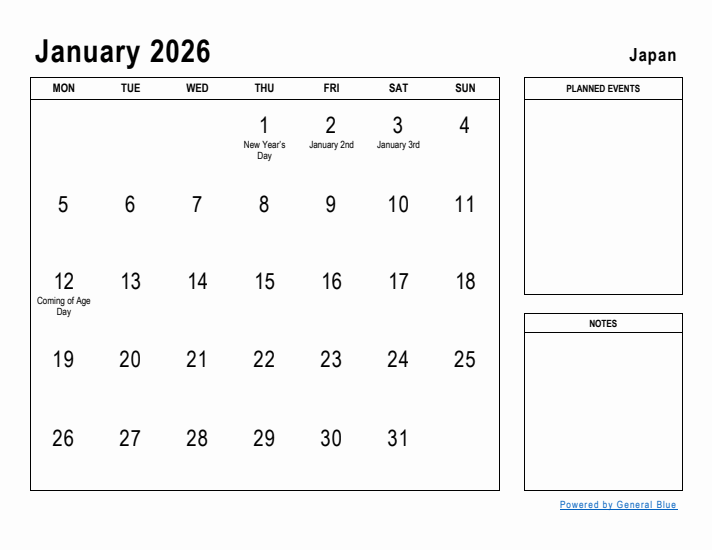 January 2026 Planner With Japan Holidays