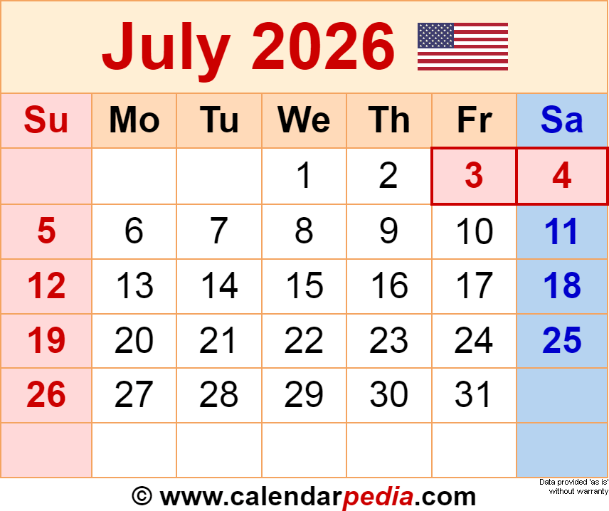 July 2026 Calendar Templates For PDF Excel And Word