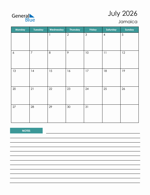 July 2026 Jamaica Monthly Calendar With Holidays