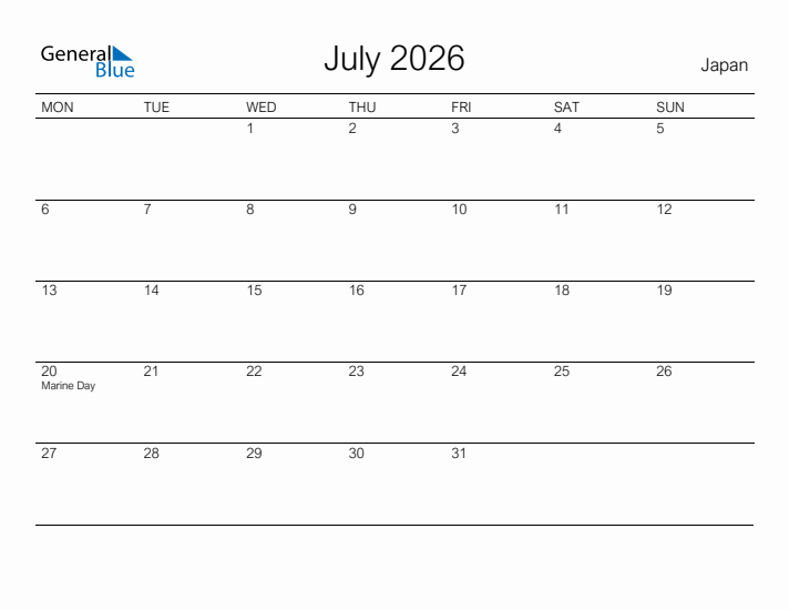 July 2026 Japan Monthly Calendar With Holidays