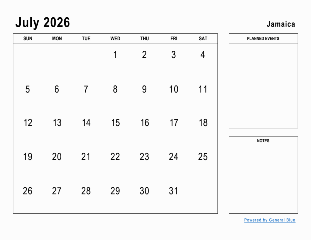 July 2026 Planner With Jamaica Holidays
