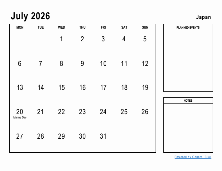 July 2026 Planner With Japan Holidays
