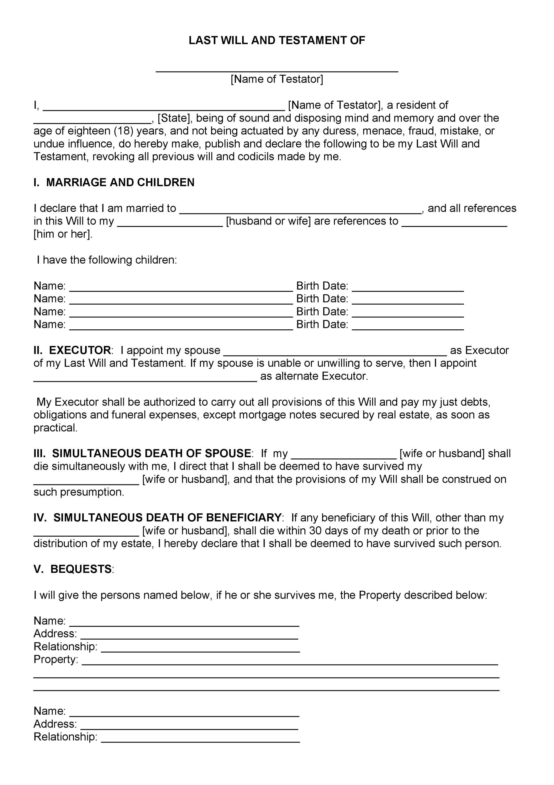 Last Will Printable Form Last Will Printable Form