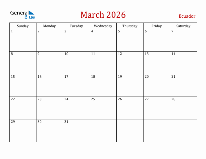 March 2026 Monthly Calendar With Ecuador Holidays