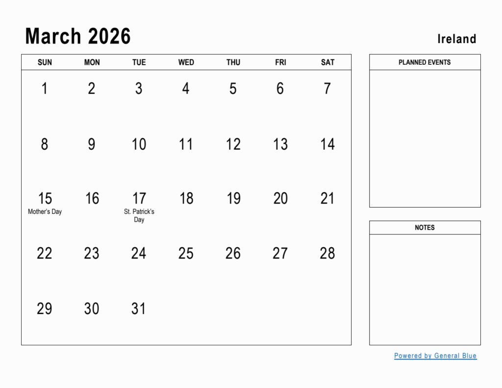 March 2026 Planner With Ireland Holidays