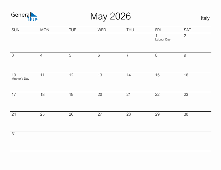 May 2026 Calendar With Italy Holidays