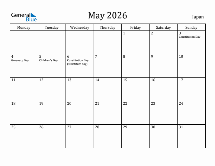 May 2026 Japan Monthly Calendar With Holidays