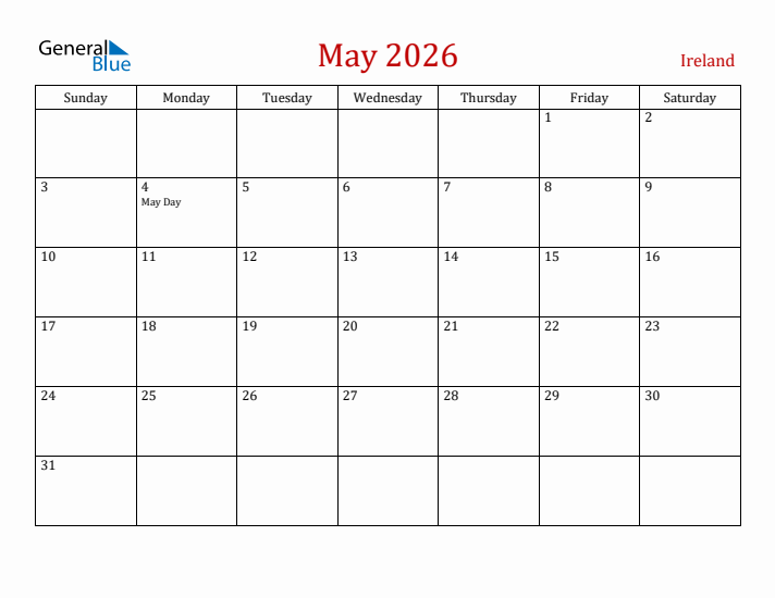May 2026 Monthly Calendar With Ireland Holidays