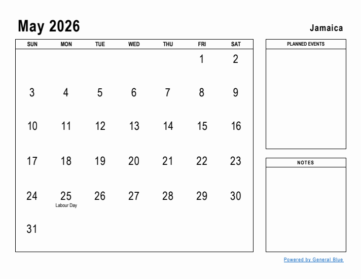 May 2026 Planner With Jamaica Holidays
