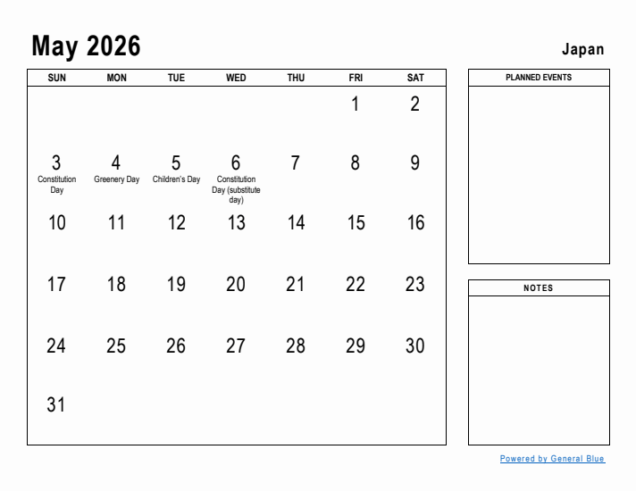 May 2026 Planner With Japan Holidays