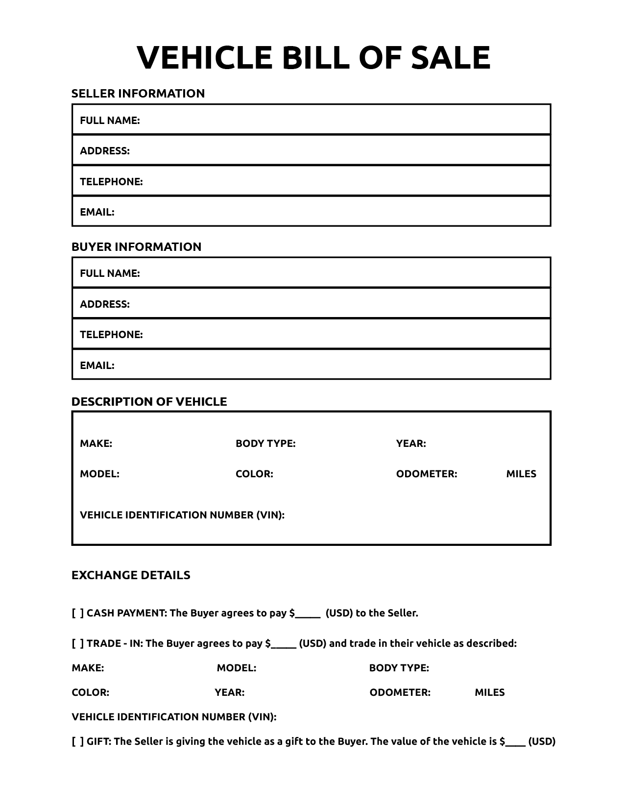 Motor Vehicle Bill Of Sale