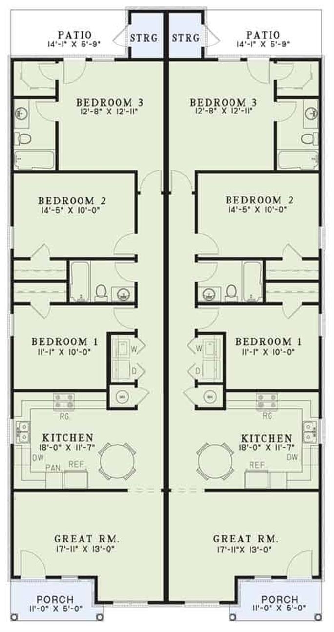 Narrow Lot Duplex Plan Multi Unit Traditional 3 Beds Per Unit