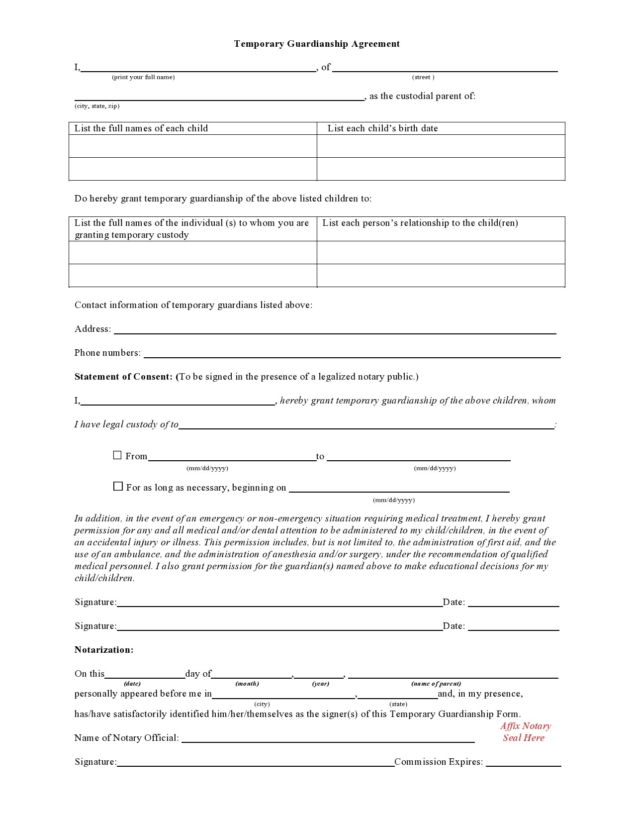 Notarized Printable Temporary Guardianship Agreement Form Printable 