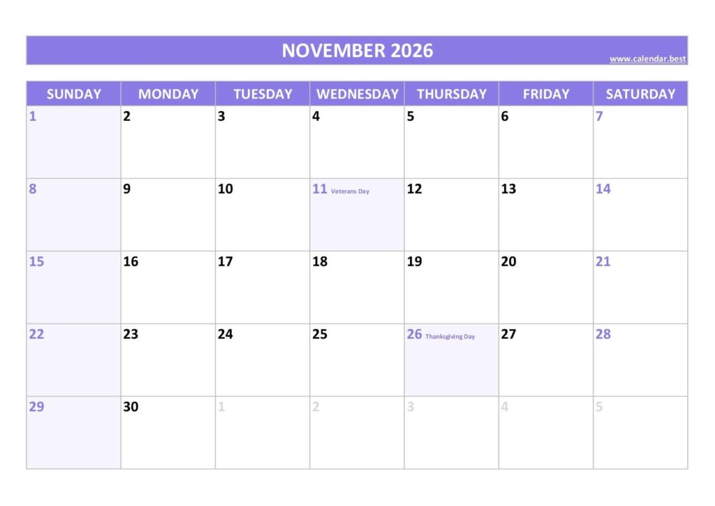 November 2026 Calendar Calendar best