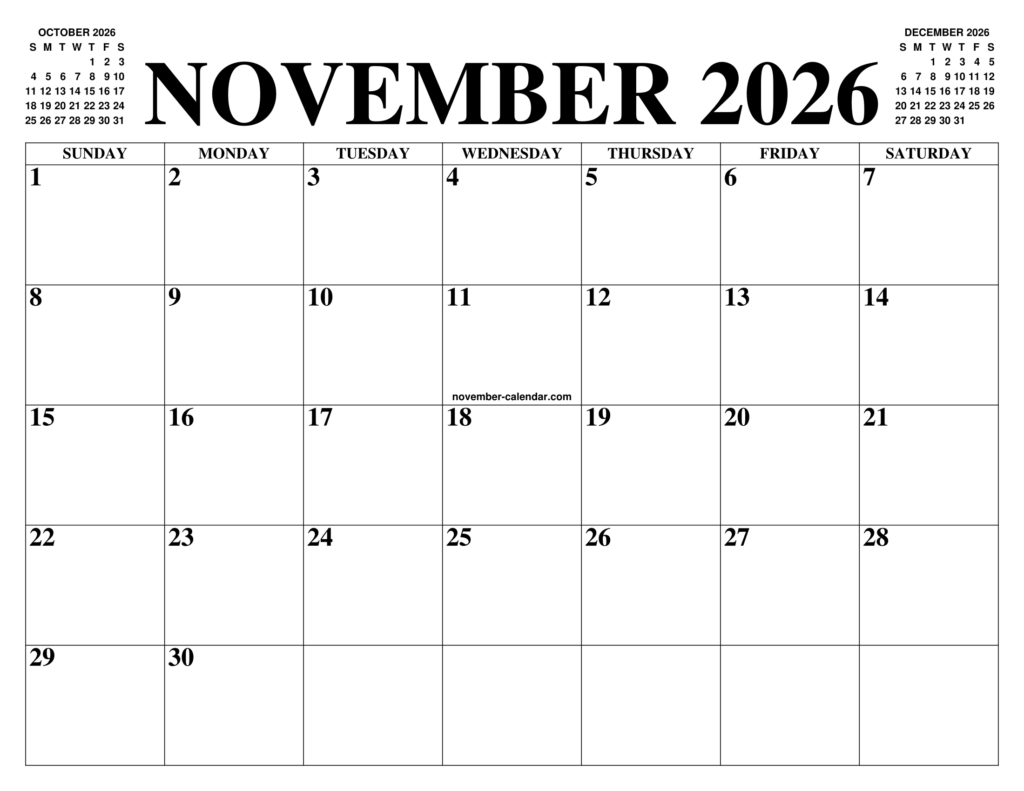 NOVEMBER 2026 CALENDAR OF THE MONTH FREE PRINTABLE NOVEMBER CALENDAR 