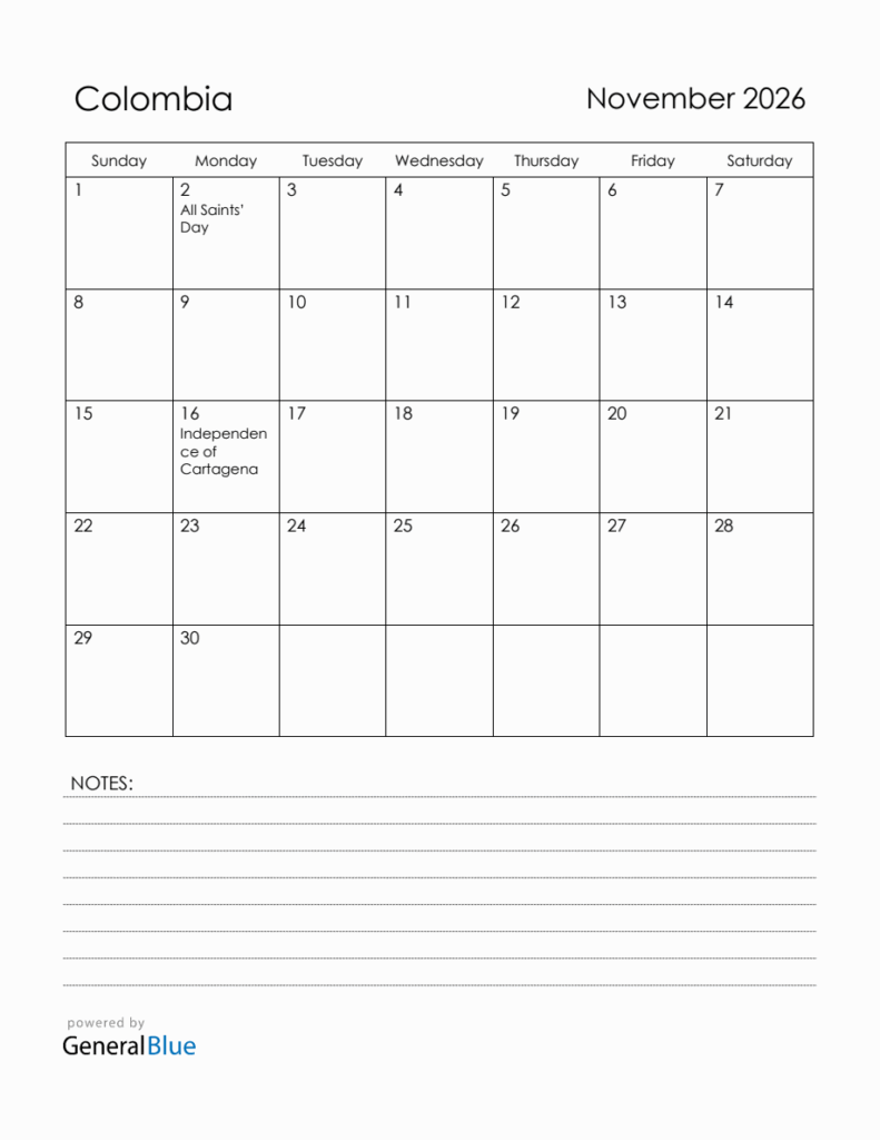 November 2026 Colombia Calendar With Holidays