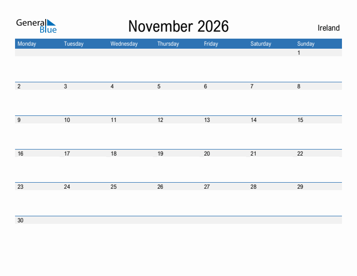 November 2026 Ireland Monthly Calendar With Holidays