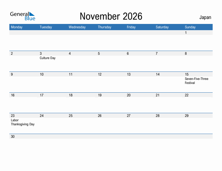 November 2026 Japan Monthly Calendar With Holidays