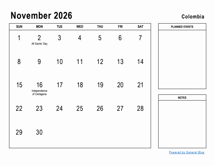 November 2026 Planner With Colombia Holidays