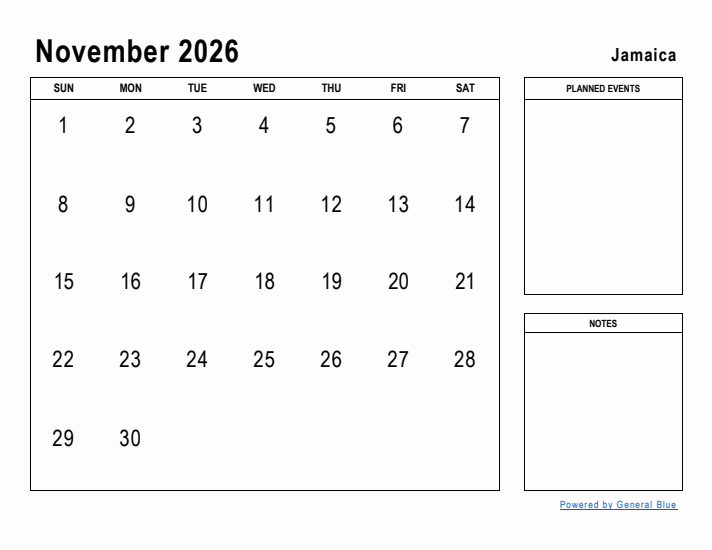 November 2026 Planner With Jamaica Holidays