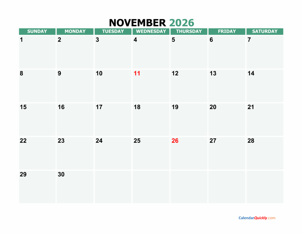 November 2026 Printable Calendar Calendar Quickly