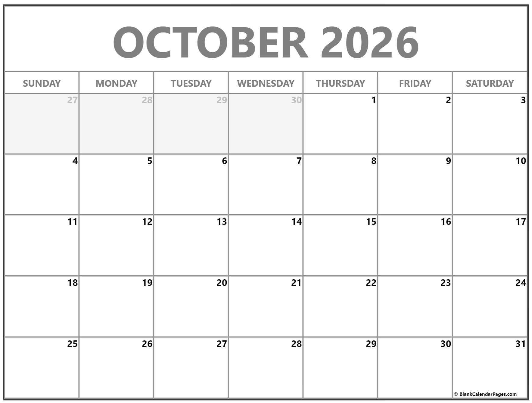 October 2026 Calendar Free Printable Calendars