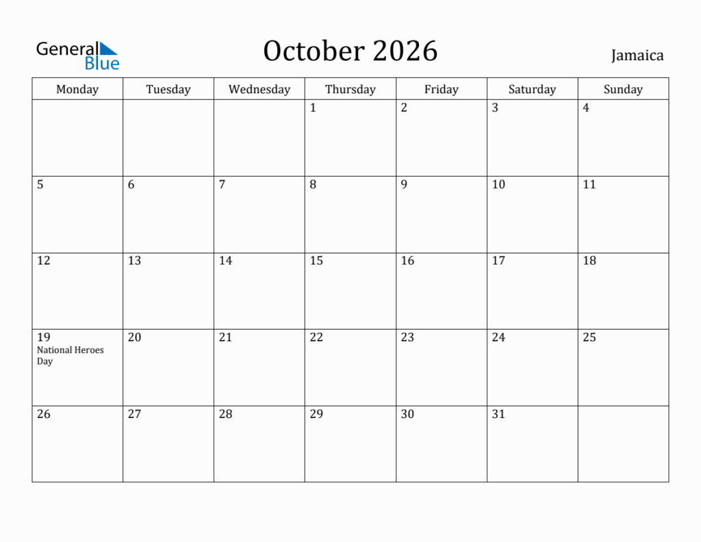 October 2026 Jamaica Monthly Calendar With Holidays