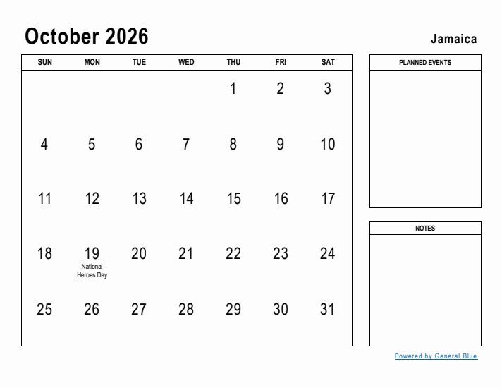 October 2026 Planner With Jamaica Holidays