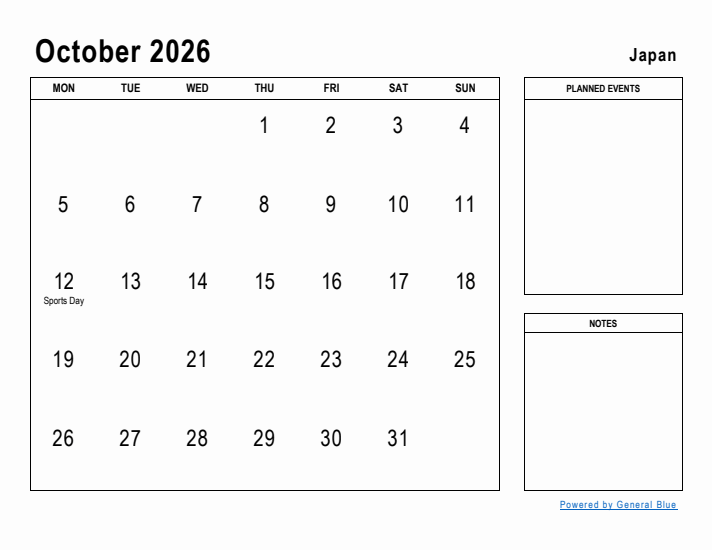 October 2026 Planner With Japan Holidays