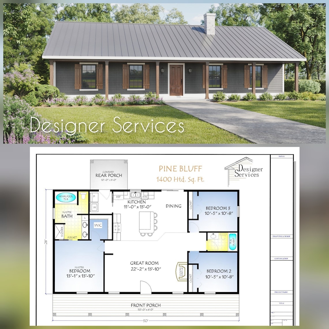 Pine Bluff House Plan 1400 Square Feet Etsy