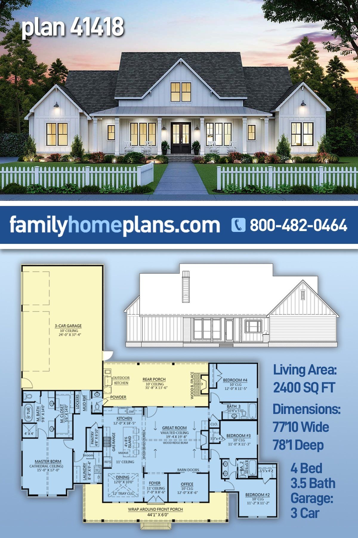 Plan 41418 Farmhouse Home Plan With 2400 Sq Ft 4 Bedrooms 3 Full