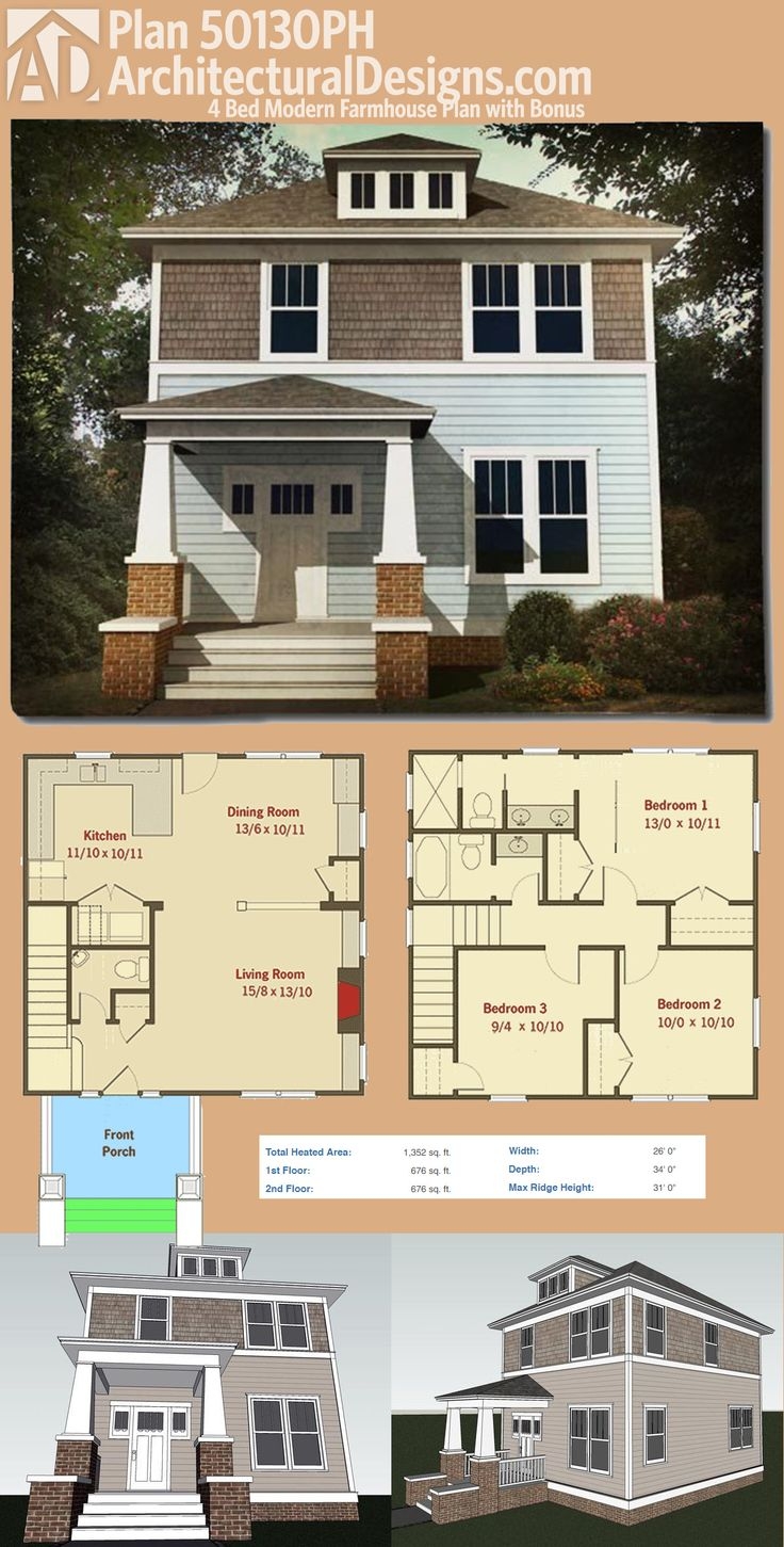 Plan 50130PH Classic Three Bed Four Square House Plan Square House 
