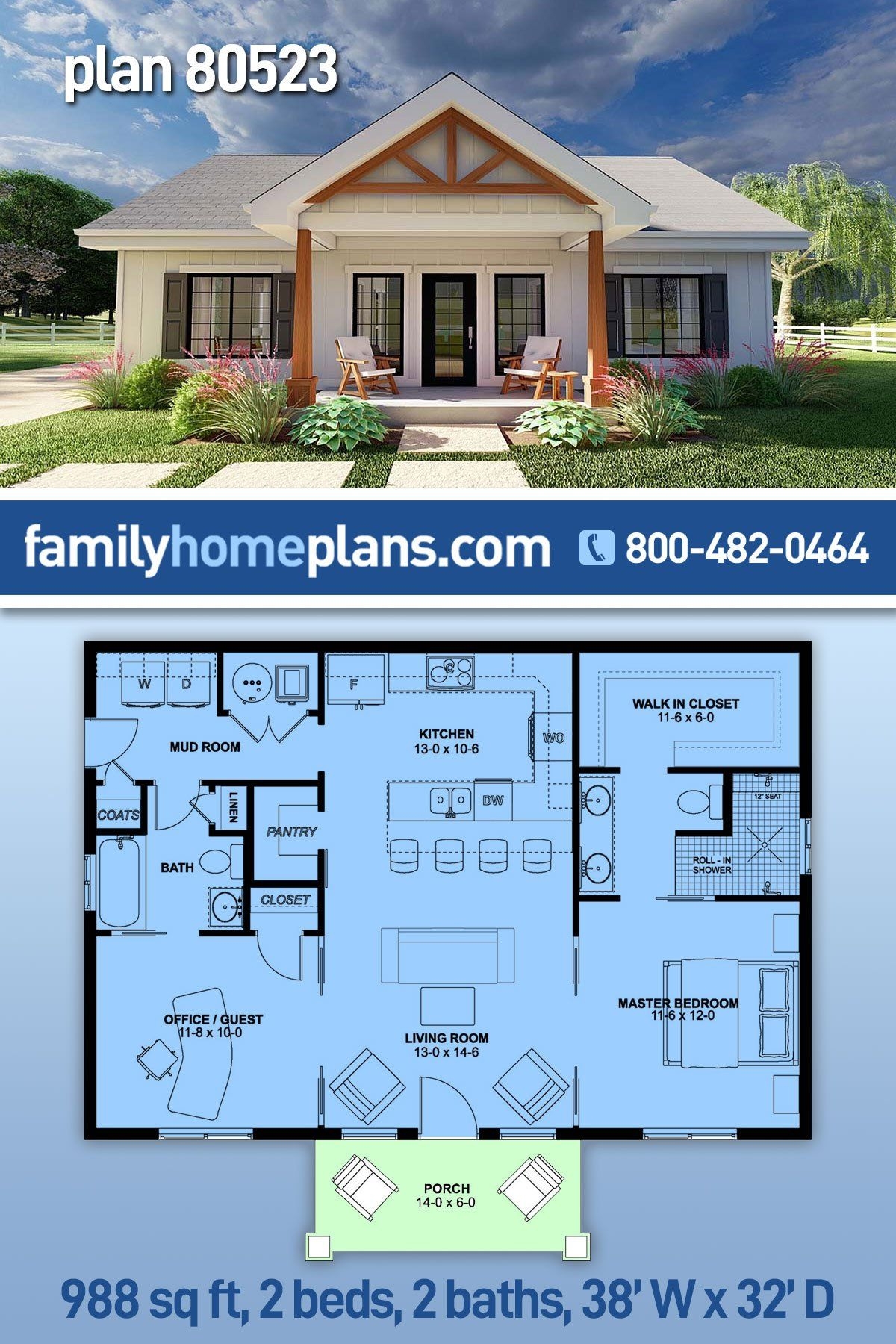 Plan 80523 2 Bedroom Small House Plan With 988 Square Feet Small 