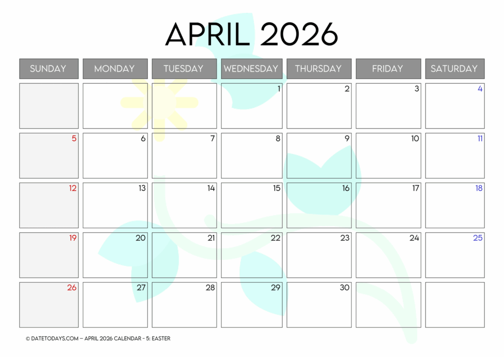 Printable April 2026 Calendar With Holidays Printable PDF
