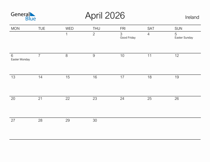 Printable April 2026 Monthly Calendar With Holidays For Ireland