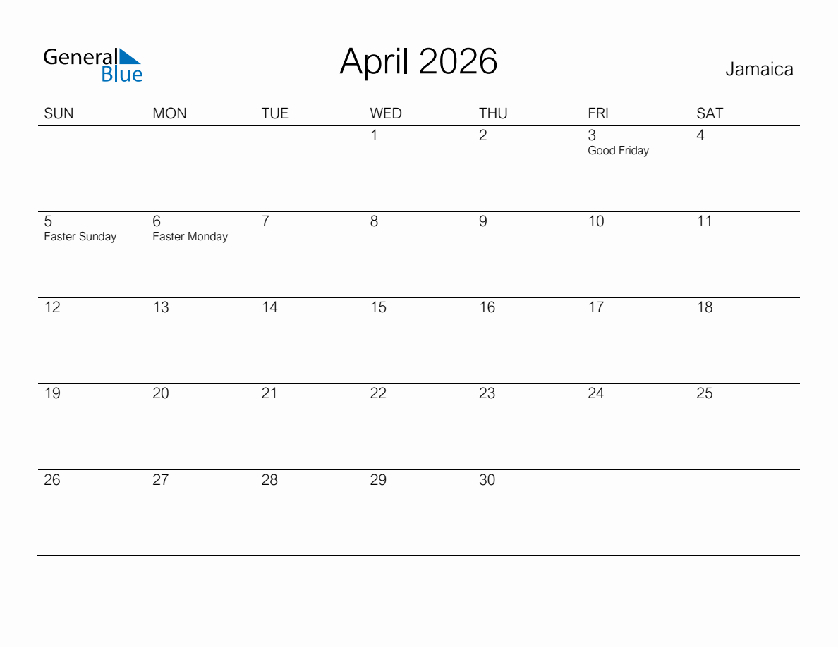 Printable April 2026 Monthly Calendar With Holidays For Jamaica